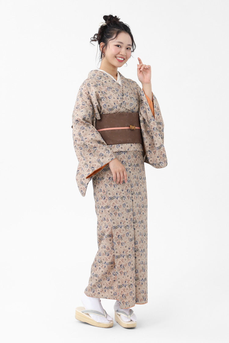 レディース 洗える プレタ 着物 秋桜 ベージュ