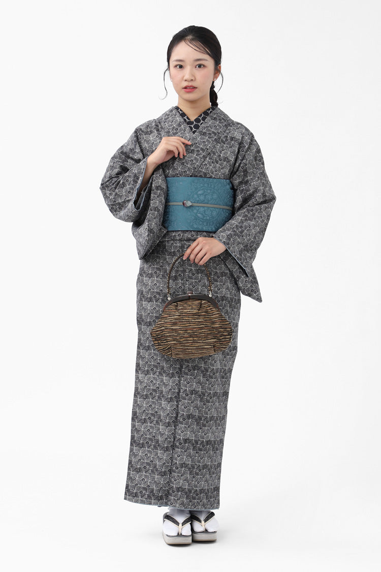 レディース 洗える プレタ 着物 リーフ幾何学 黒