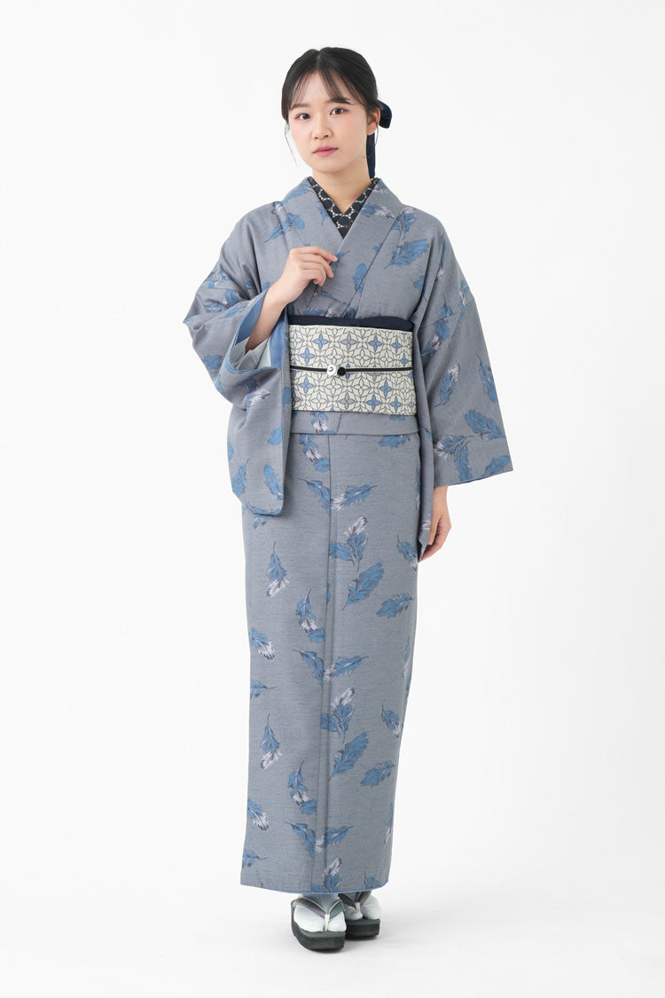 レディース 洗える プレタ 着物 羽模様 ブルーグレー