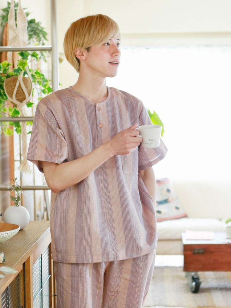 しじら織 メンズ ヘンリーネック甚平 縦縞 茶×マルチ