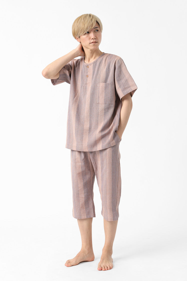 しじら織 メンズ ヘンリーネック甚平 縦縞 茶×マルチ