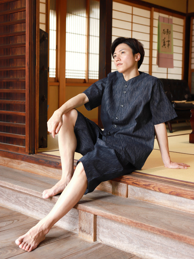 甚平 オーガニックコットン UNITO パジャマ 父の日 ギフト ヘンリーネック 綿 コットン 涼しい 男性 ネイビー白