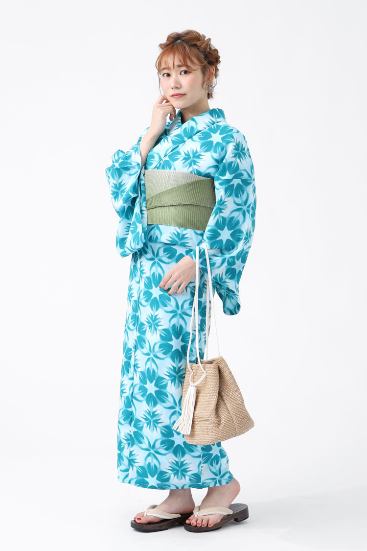 新品未使用タグつき　浴衣　TEIJINカルキュロ　フリーサイズ　ブルー雪花絞り風 浴衣 カルキュロ 帯 下駄 3点セット 大人 上品 女性 レディース
