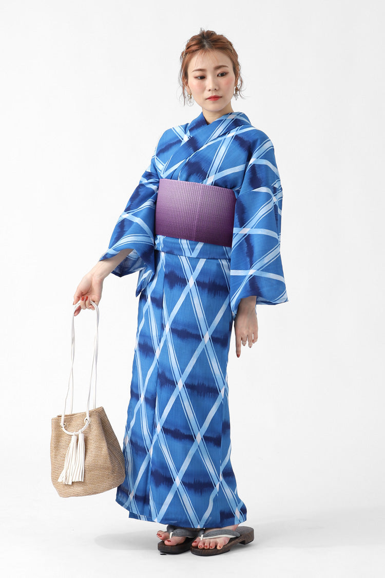 新品未使用タグつき　浴衣　TEIJINカルキュロ　フリーサイズ　ブルー雪花絞り風 浴衣 カルキュロ 帯 下駄 3点セット 下駄 20柄 大人 セット 上品