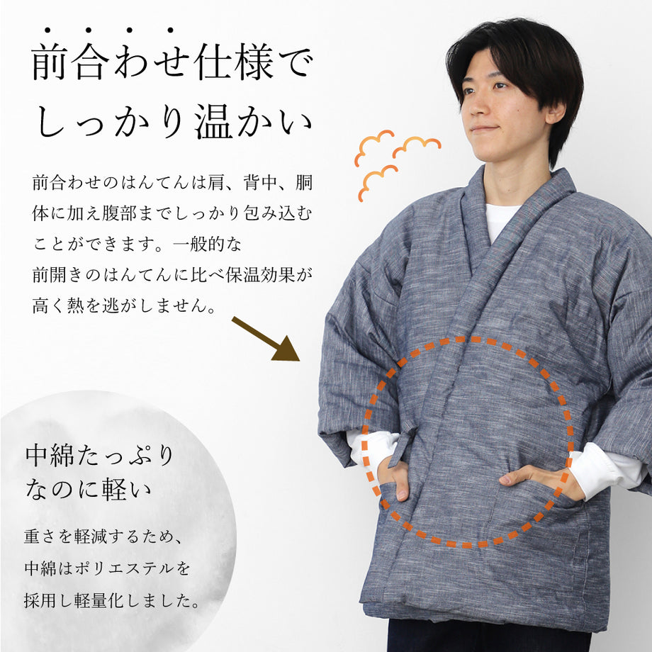 四つ紐はんてん メンズ 久留米織 はんてん 四つ紐 暖かい 冬 部屋着 ルームウェア 男性用 BOTAN / ボタン 【 黒 グレー グリーン 半天  半纏 ちゃんちゃんこ どてら 久留米 前開き 保温 防寒 中わた プレゼント ギフト 】 – tayu-tafu