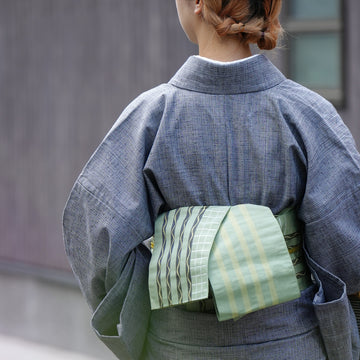 半幅帯ゆかたの帯長さ342cm幅15cm博多織正絹うろこ鱗柄横縞ボーダー灰紫色