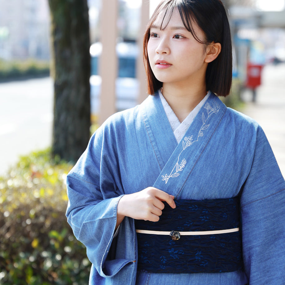 ふりふ デニム着物 洗える コットン ブルー SOUBIEN デニム 着物 洗える着物 単衣 青 ブルー 無地 シンプル