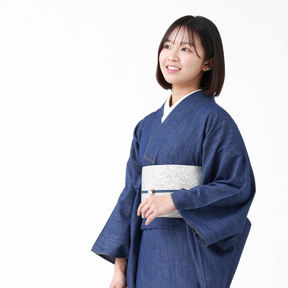デニム着物 2点 セット レース帯 ROCCA 六花 半幅帯 着物 洗える着物