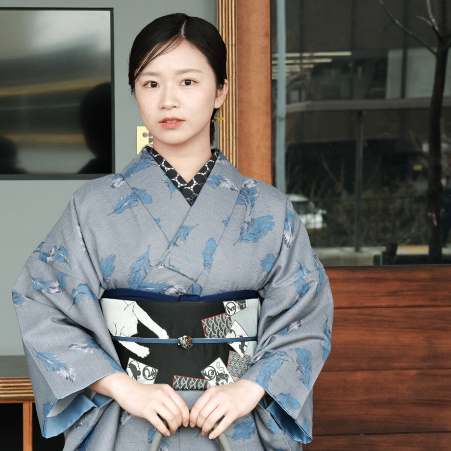 ☆洗える着物（未使用品）紬風グレー　☆帯セット ☆洗える着物（未使用品）紬風グレー ☆帯セット 道中着 - 中古