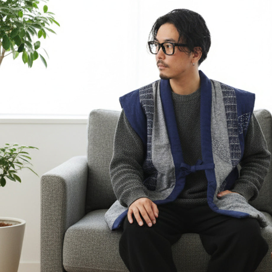 久留米織 半纏 はんてん ポンチョ ベスト 袖なし どてら 丹前 どんぶく
