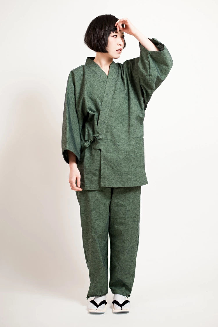 レディース 久留米織 紬 作務衣 日本製 グリーン