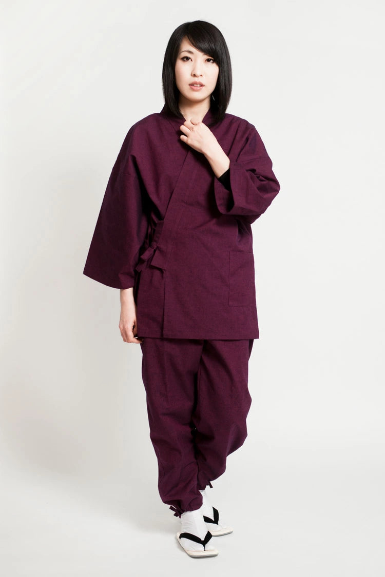 レディース 久留米織 紬 作務衣 日本製 パープル