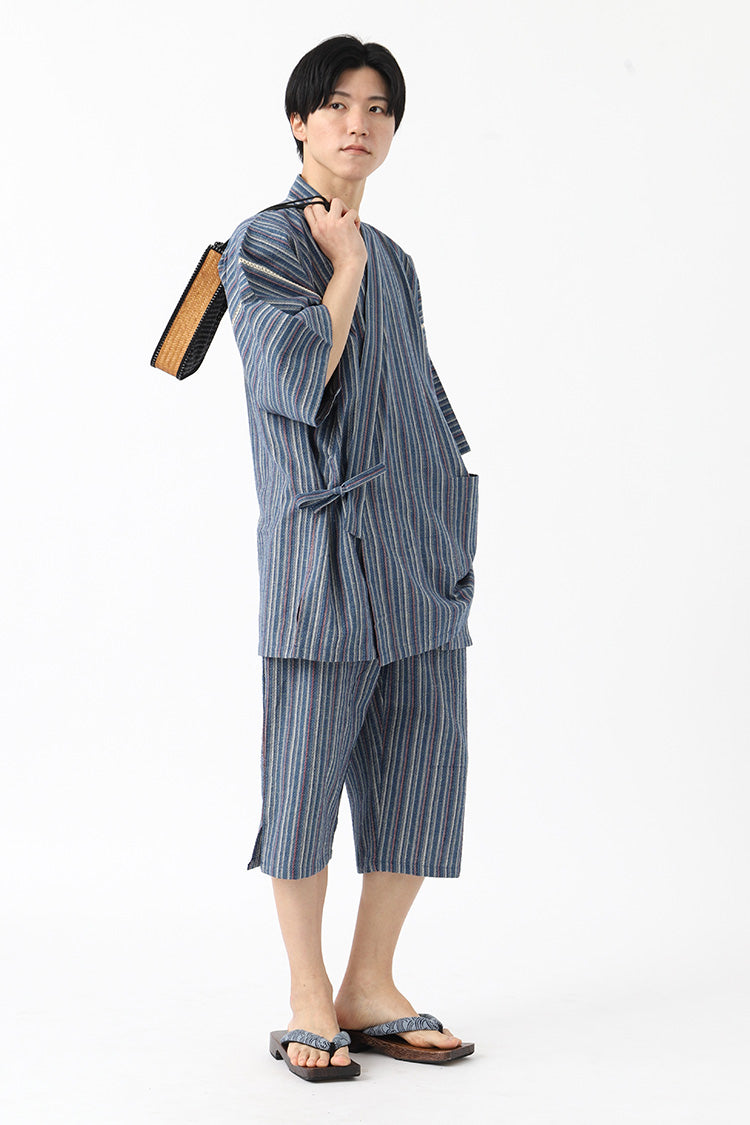しじら織 甚平 白×ブルー ストライプ